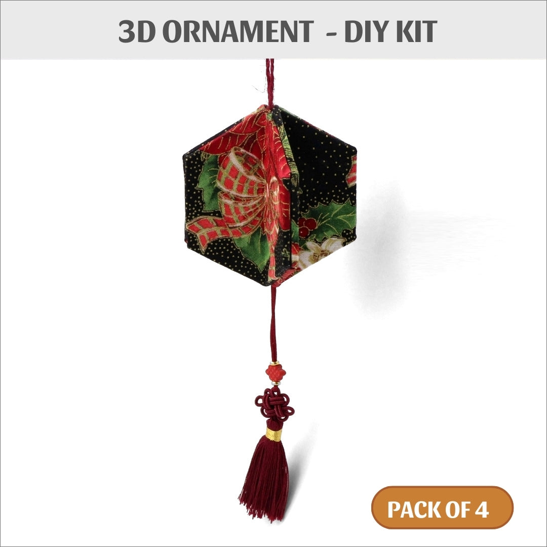 Fabric 3D ornaments hexagons 4" and 3" - pack of 4