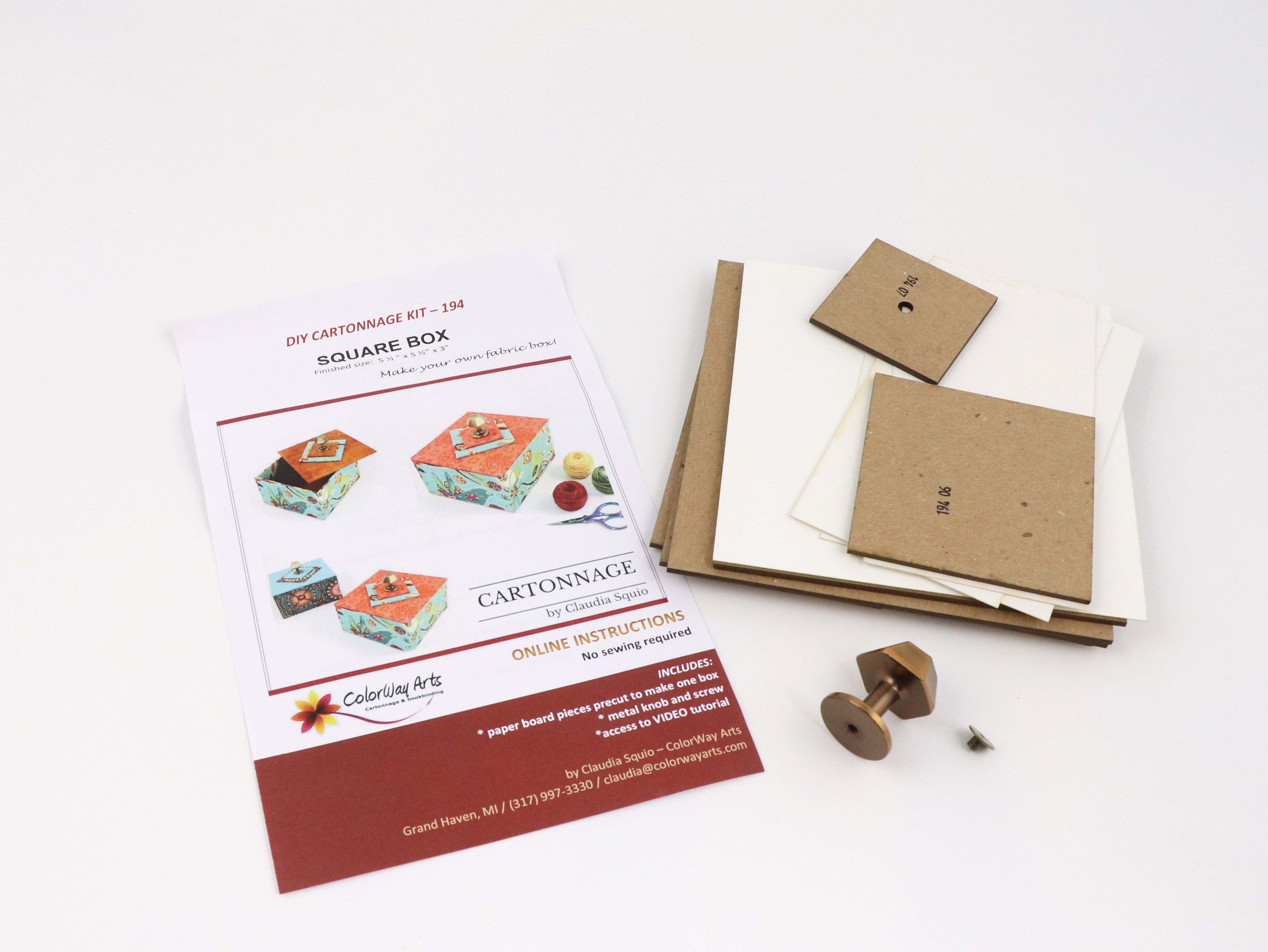 Square box DIY kit, fabric box kit, cartonnage kit 194, Video tutorial included