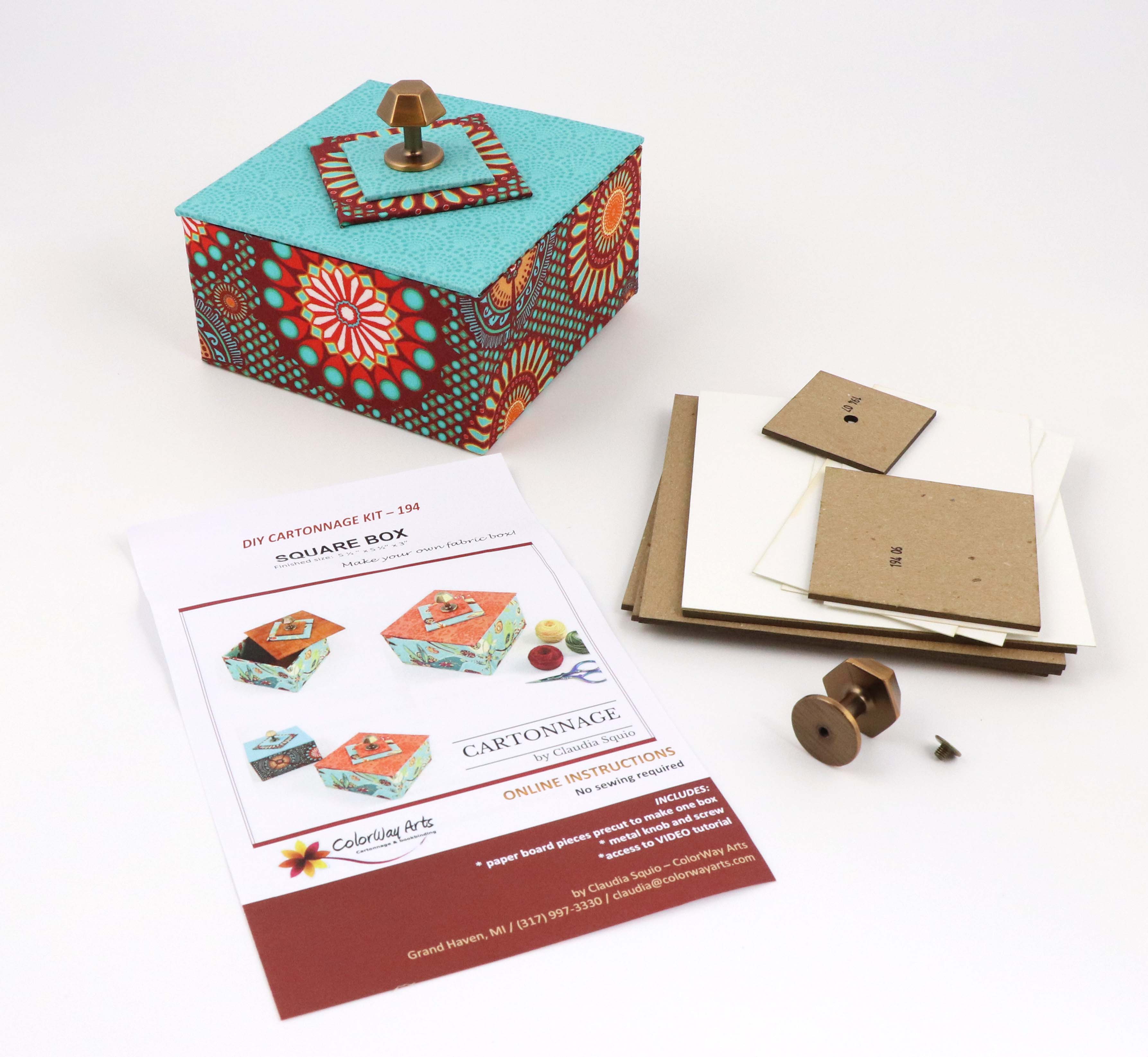 Square box DIY kit, fabric box kit, cartonnage kit 194, Video tutorial included