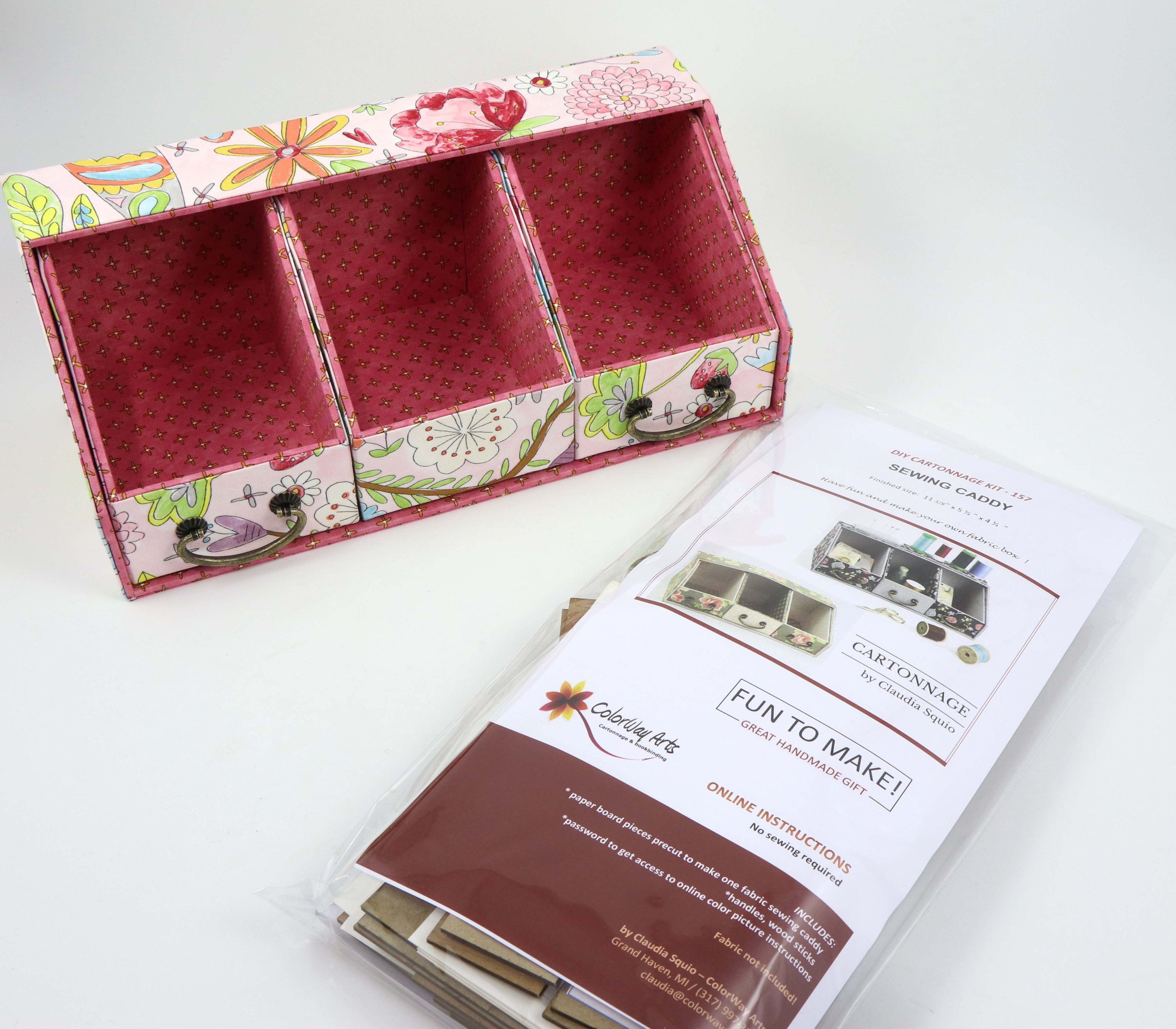 Fabric Sewing caddy DIY kit, cartonnage kit 157, Online instructions included
