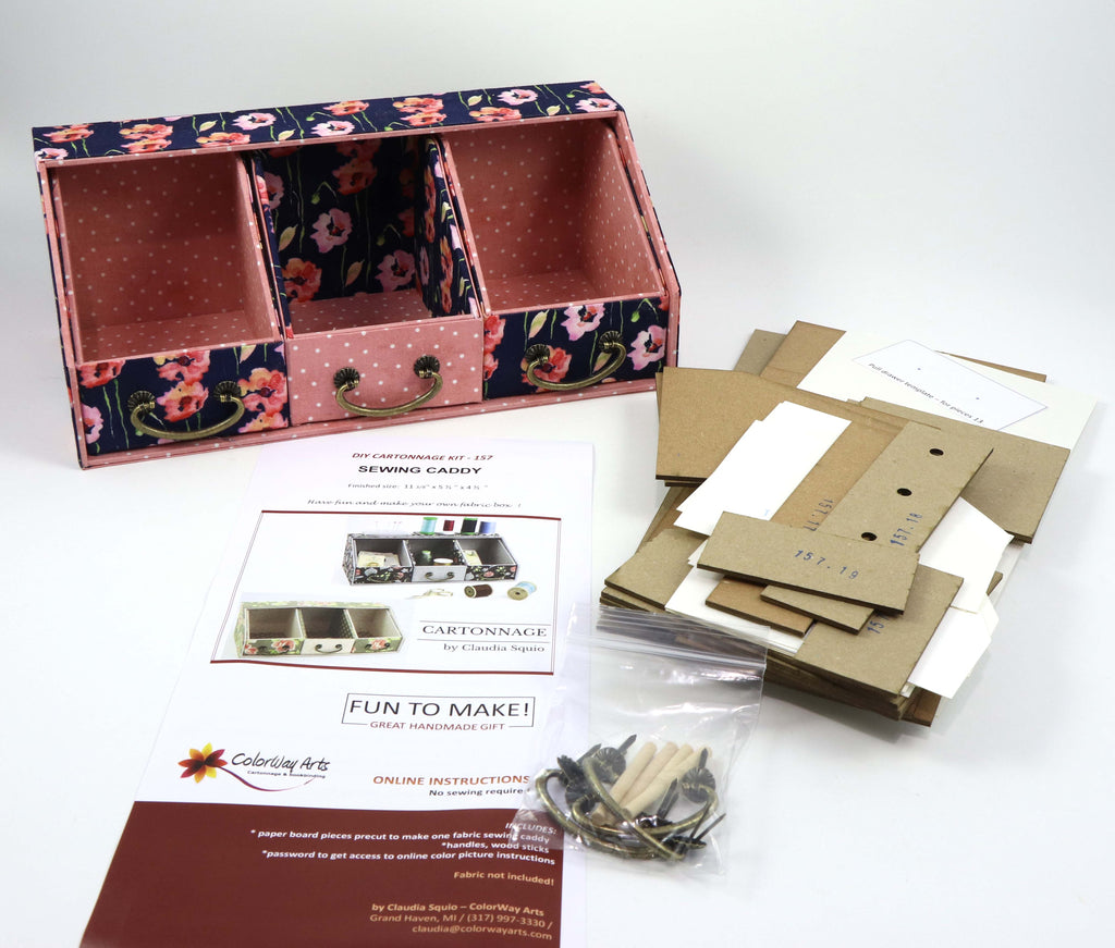Fabric Sewing caddy DIY kit, cartonnage kit 157, Online instructions included