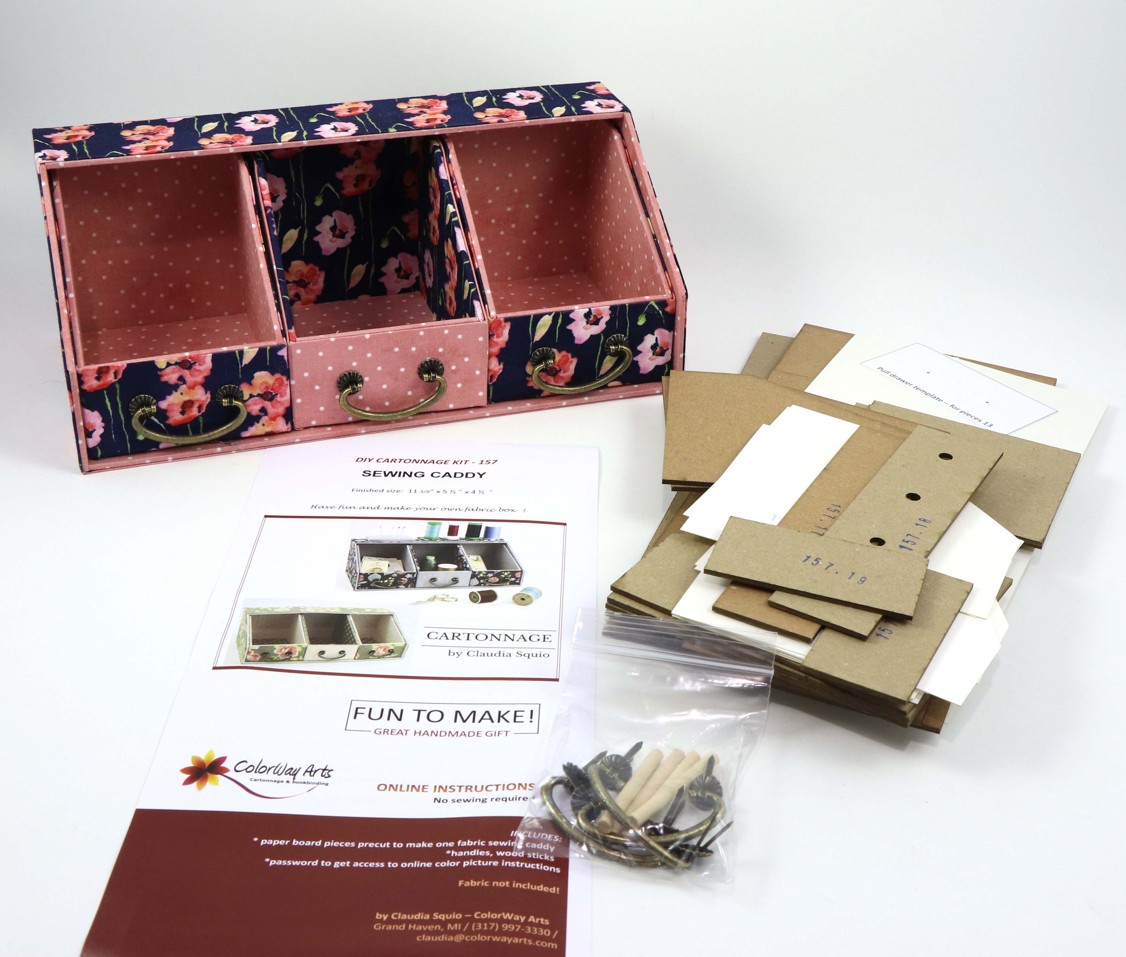 Fabric Sewing caddy DIY kit, cartonnage kit 157, Online instructions included
