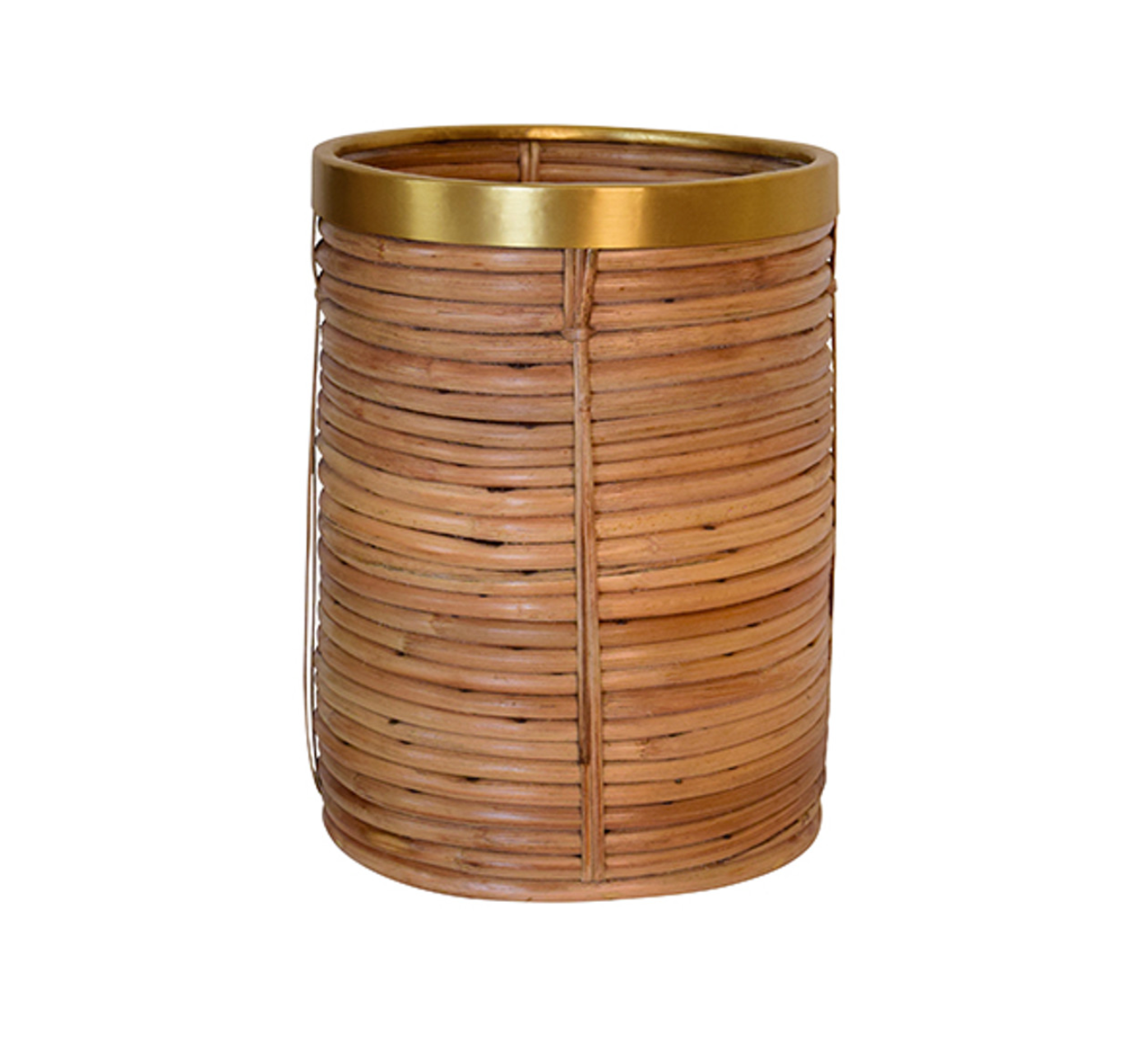 Natural Rattan and Brass Brim Round Wastebasket