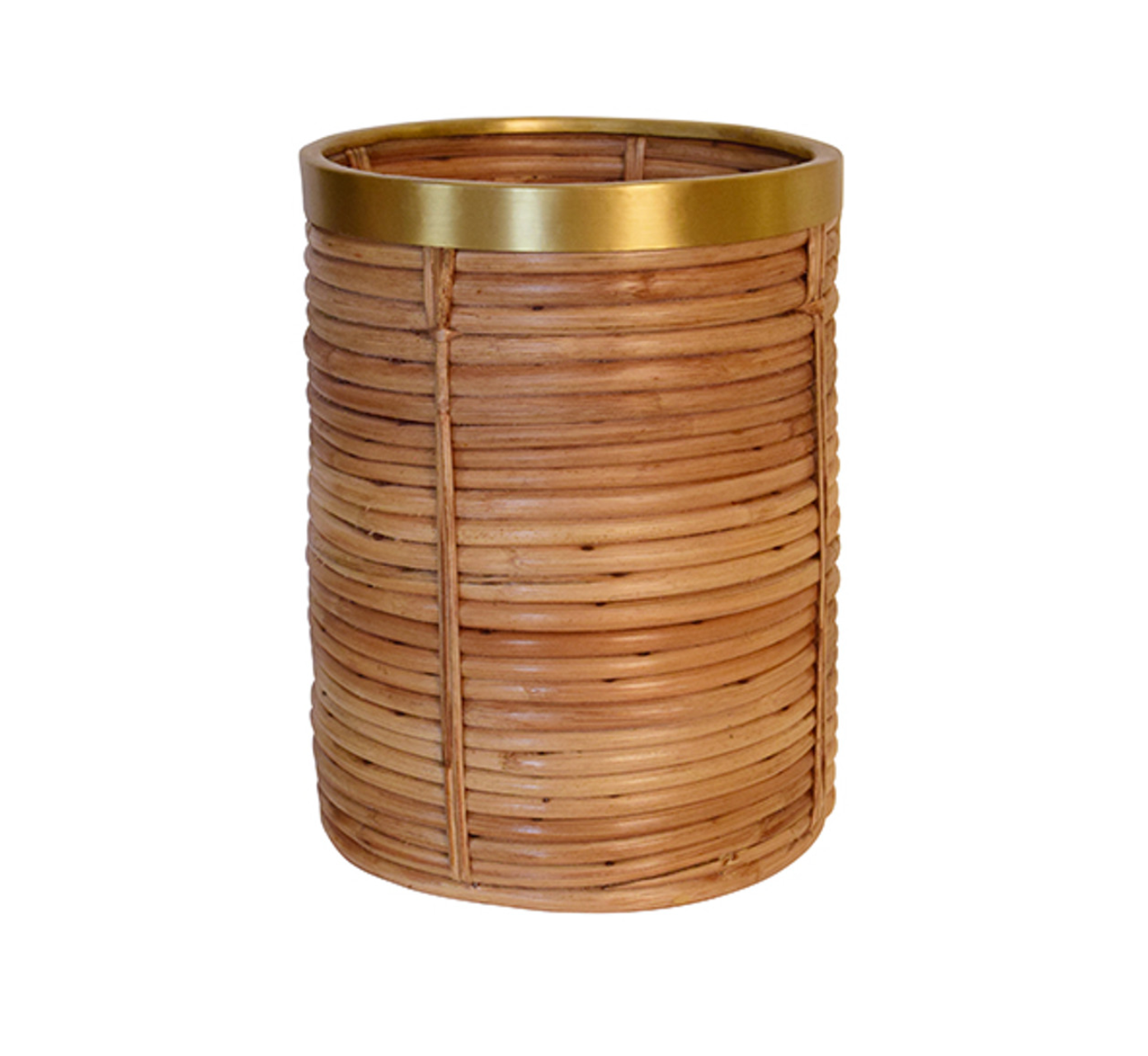 Natural Rattan and Brass Brim Round Wastebasket