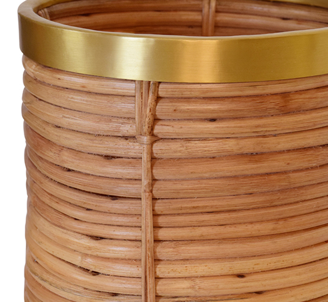 Natural Rattan and Brass Brim Round Wastebasket