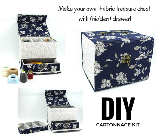 Fabric treasure chest with hidden drawer DIY kit, cartonnage kit 155, exclusive book kit