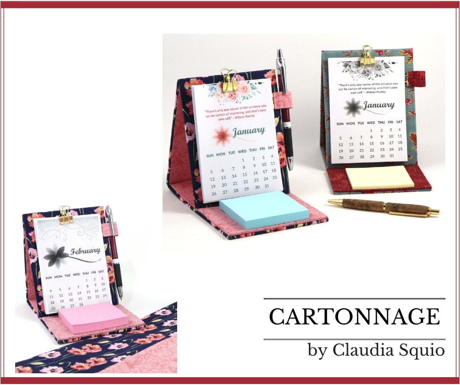 DIY fabric desk calendar, cartonnage kit 105,  free online instructions and printable calendar sheets