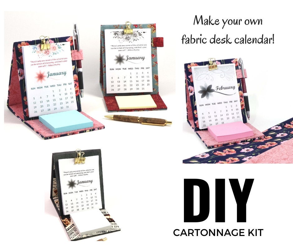 DIY fabric desk calendar, cartonnage kit 105,  free online instructions and printable calendar sheets