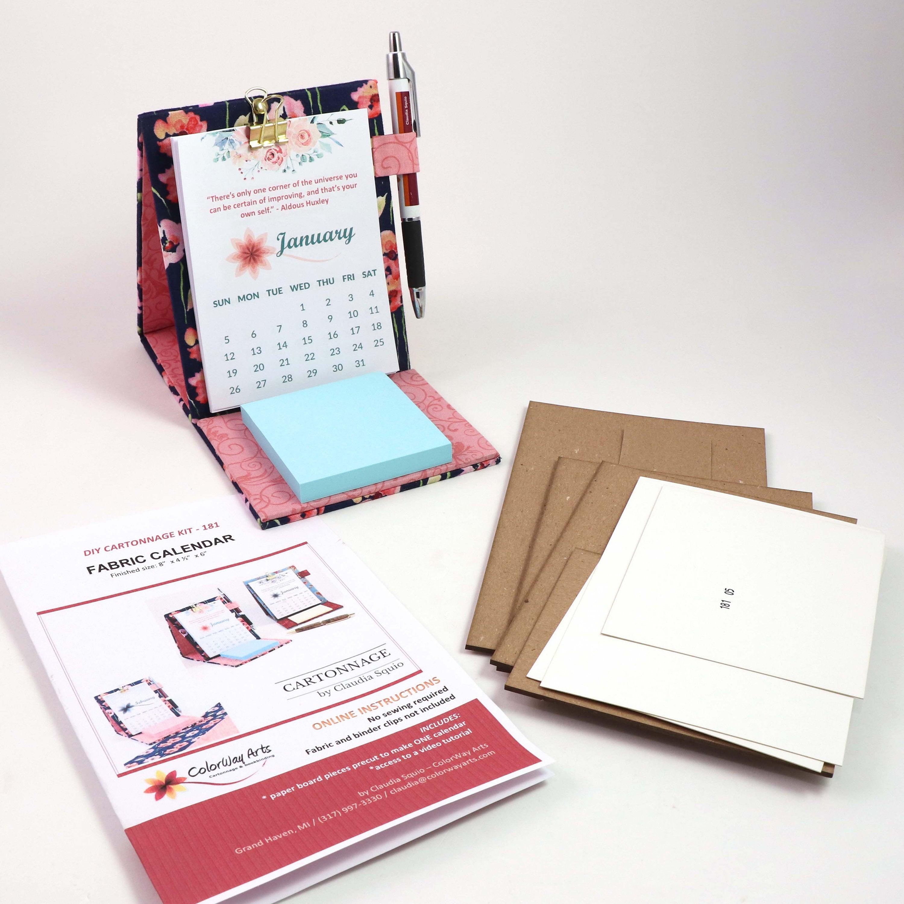 DIY fabric desk calendar, cartonnage kit 105,  free online instructions and printable calendar sheets