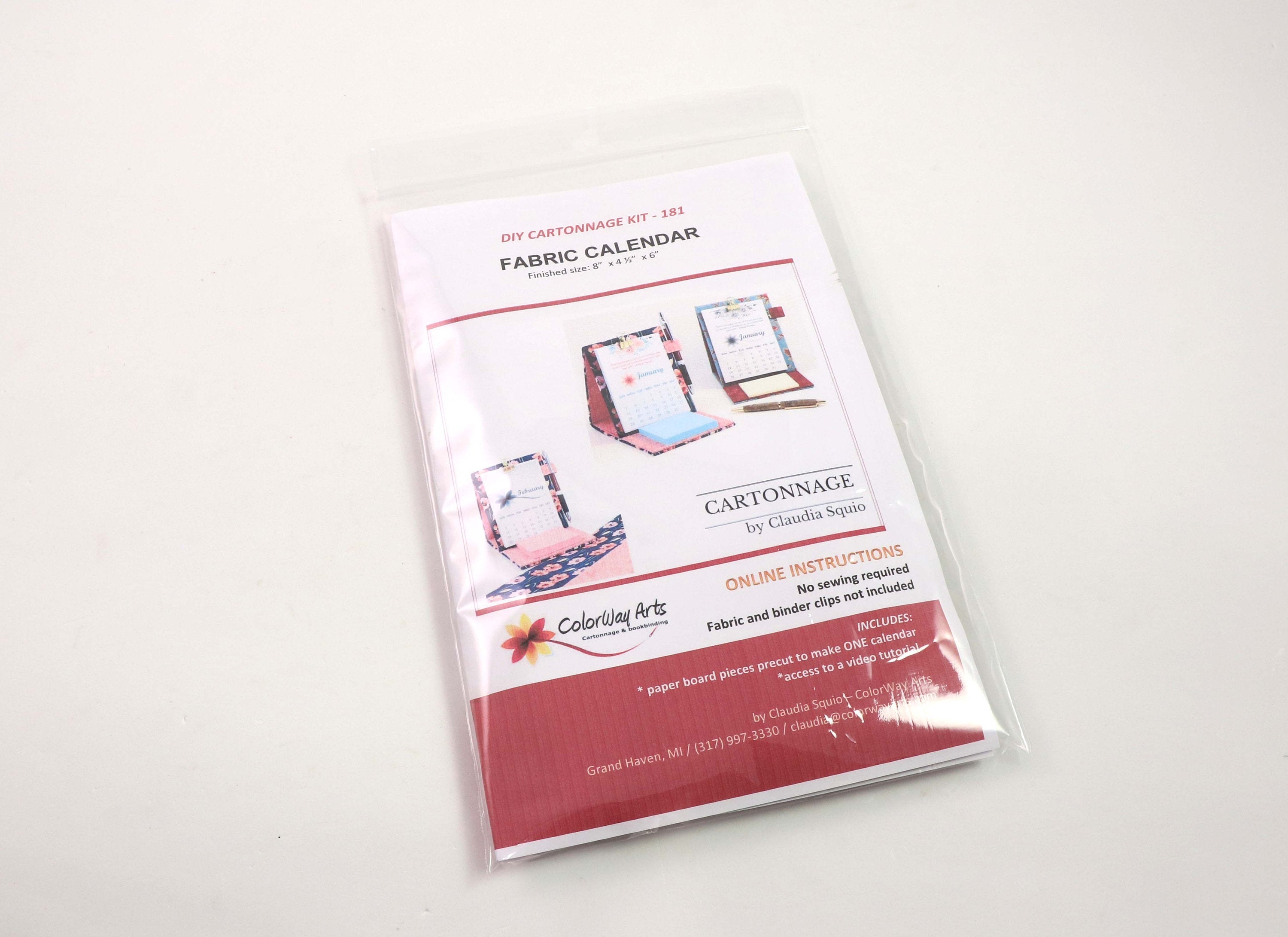 DIY fabric desk calendar, cartonnage kit 105,  free online instructions and printable calendar sheets