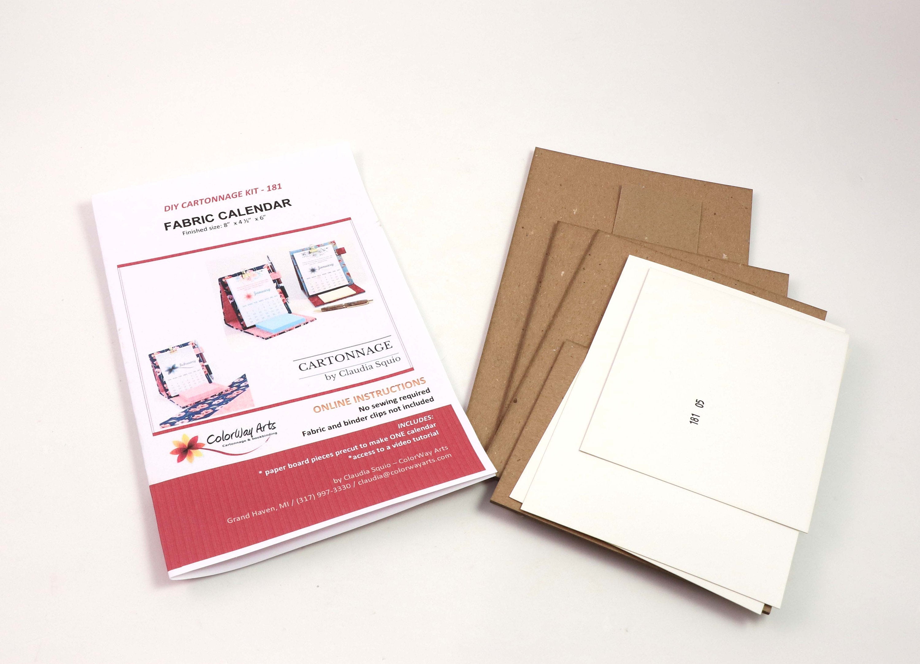 DIY fabric desk calendar, cartonnage kit 105,  free online instructions and printable calendar sheets