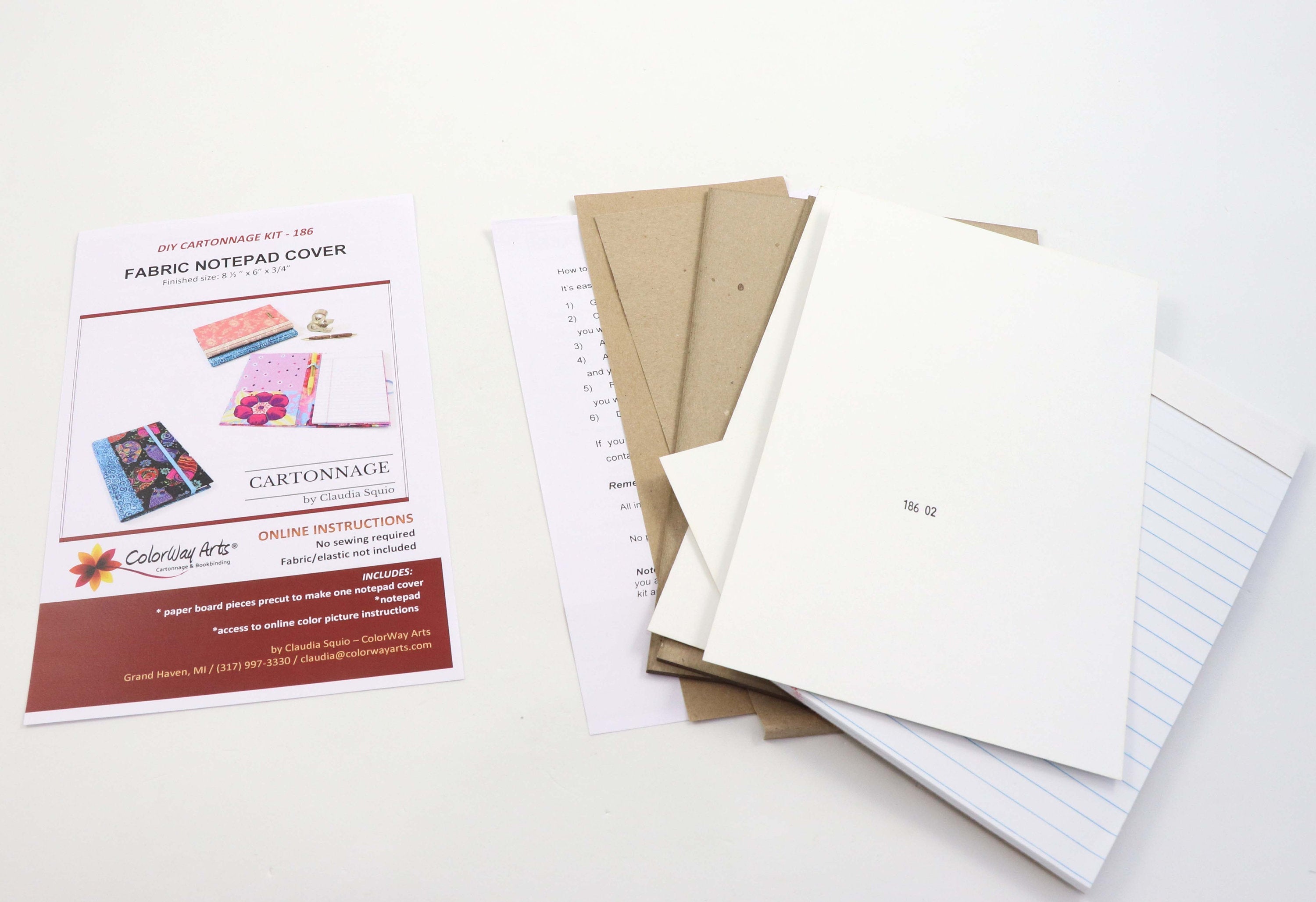Fabric notepad cover DIY kit,  cartonnage kit 186, Online instructions included