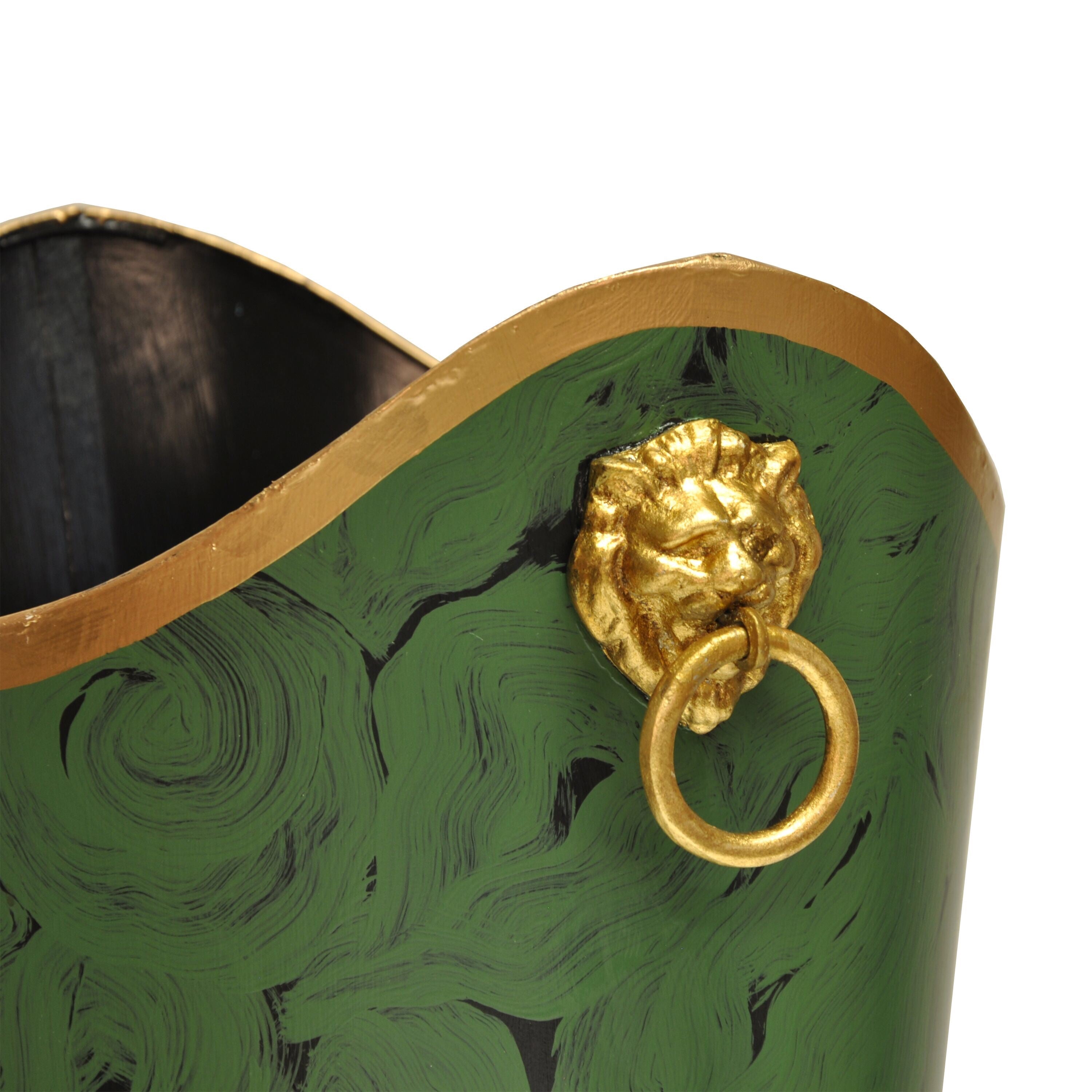 Lion Brass Handle Handpainted Oval Metal Wastebasket - Four Design Options