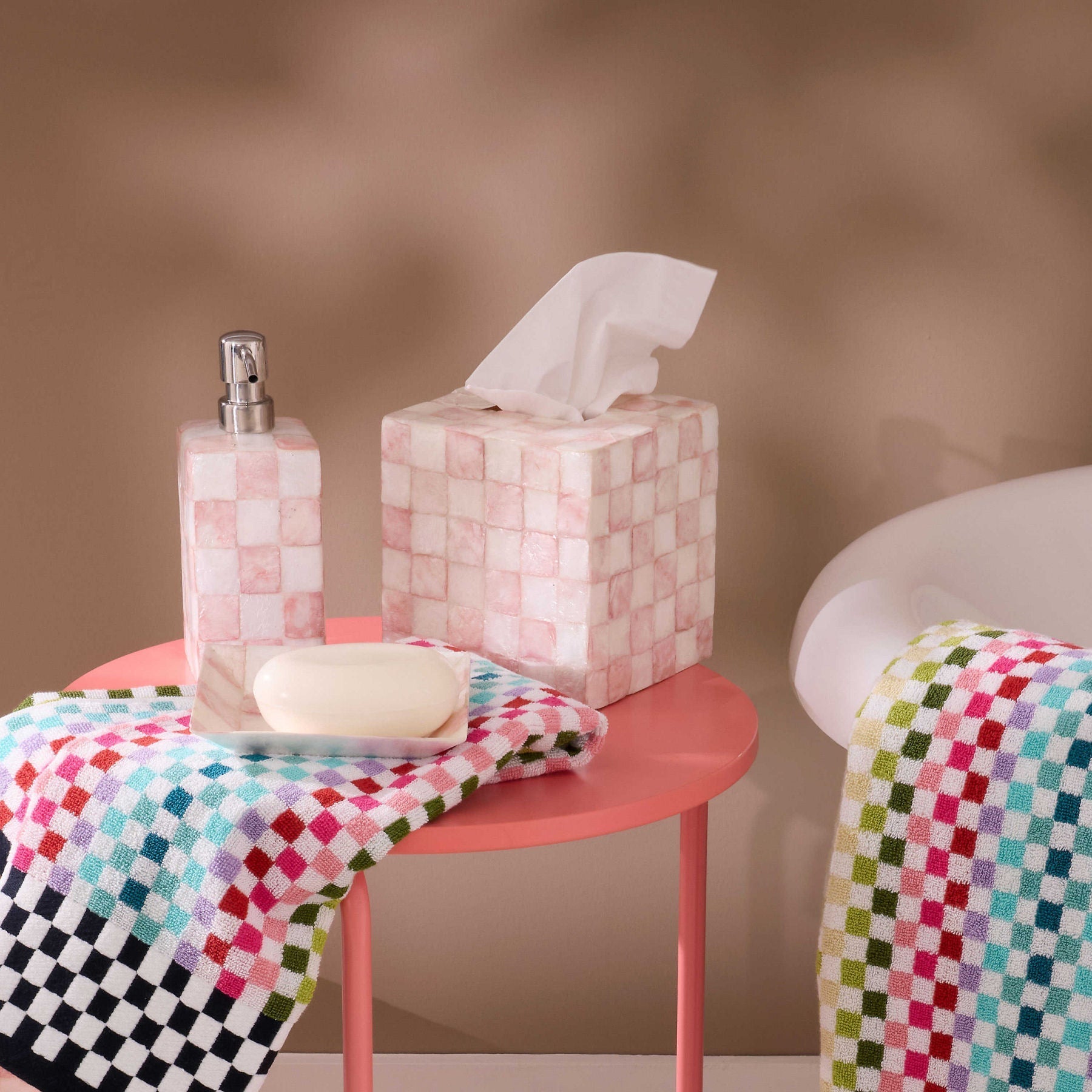 Rosy Check Capiz Boutique Tissue Box Cover by MacKenzie-Childs