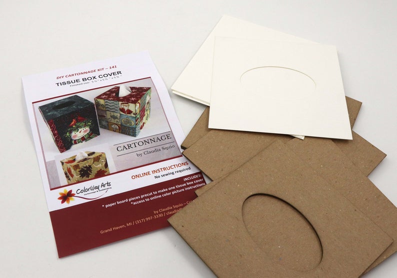 Fabric square tissue box cover DIY kit, cartonnage kit 141, online instructions included
